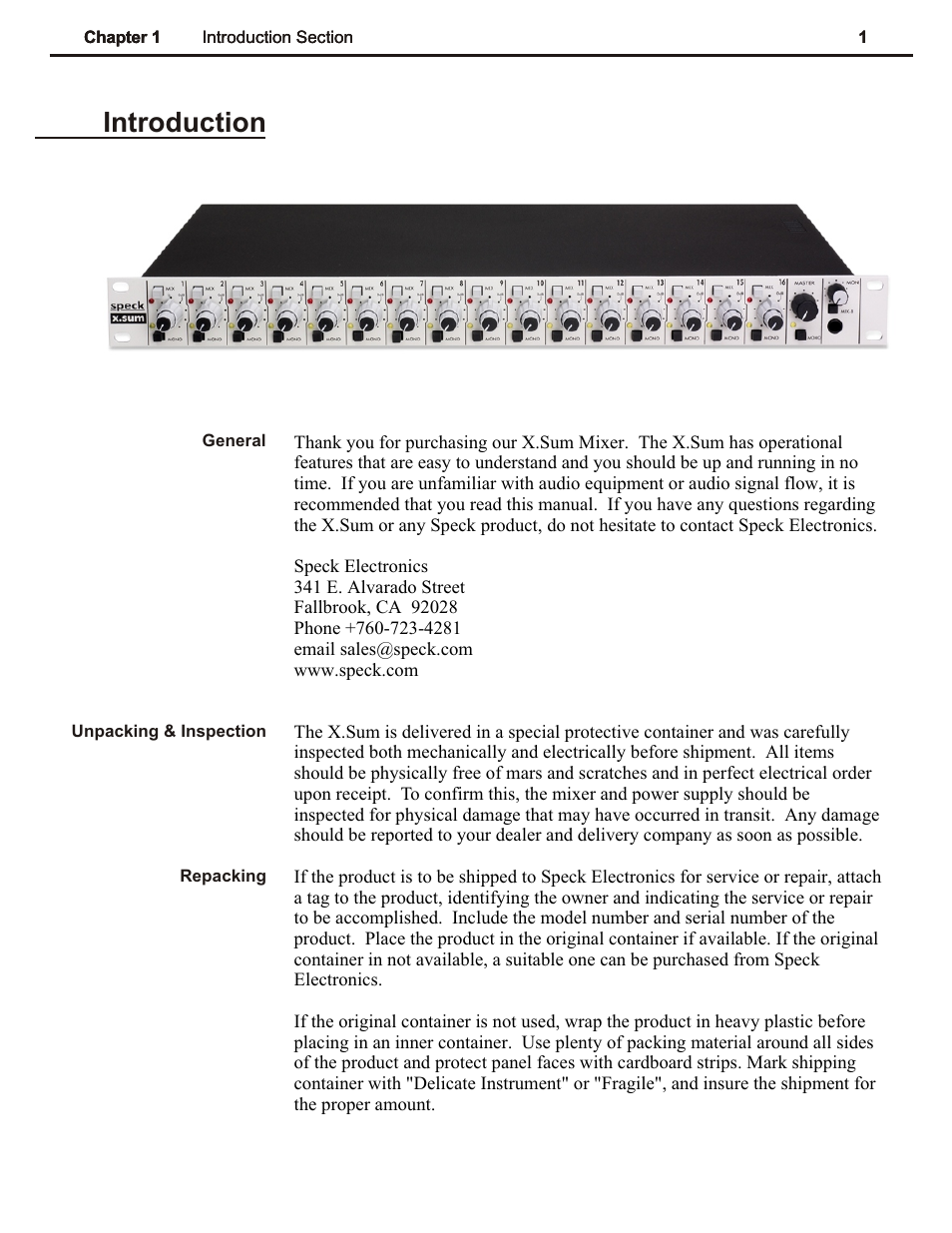 Ch 1, Introduction | Speck Electronics X.Sum User Manual | Page 5 / 26