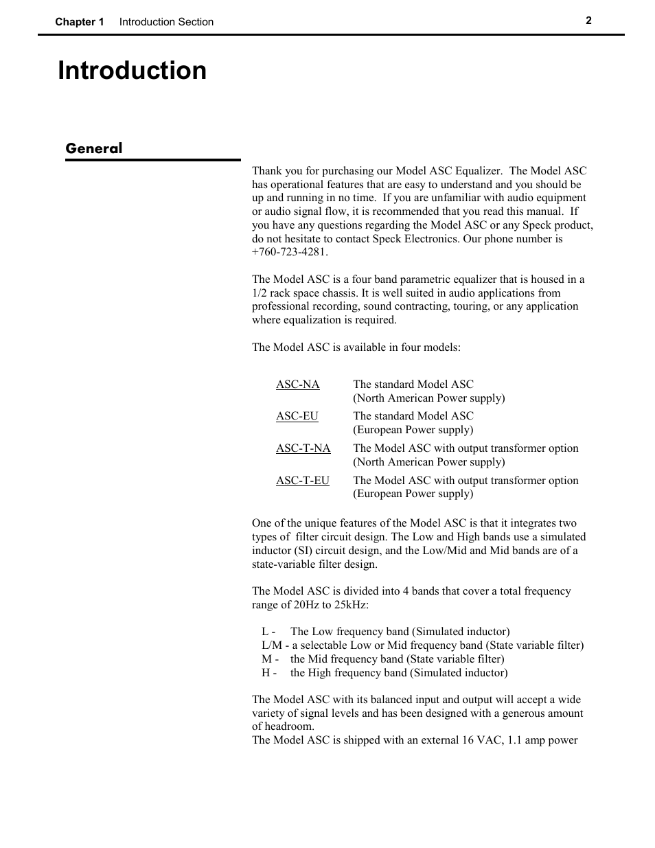 Introduction, General | Speck Electronics ASC User Manual | Page 6 / 27