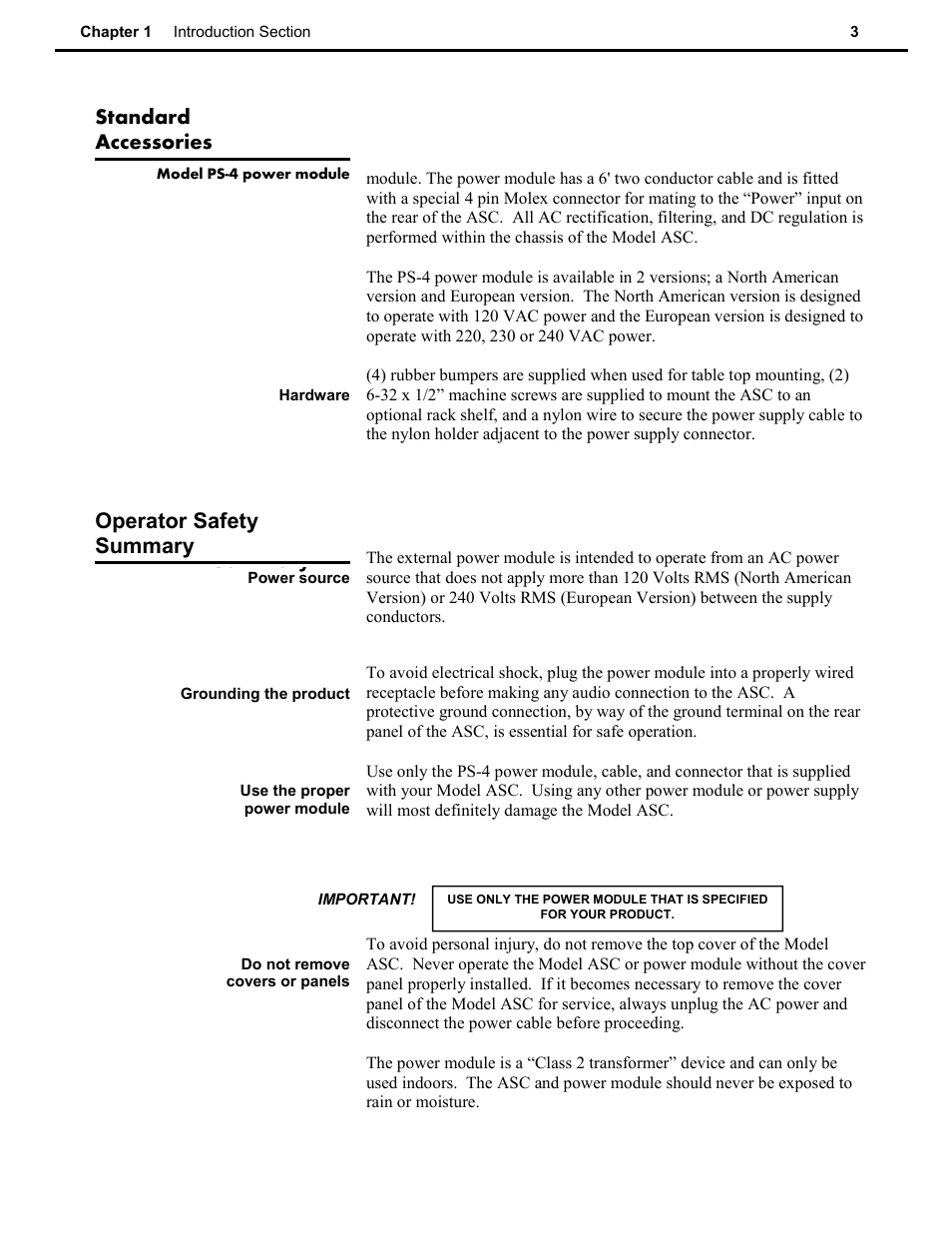 Operator safety summary, Standard accessories | Speck Electronics ASC User Manual | Page 7 / 27