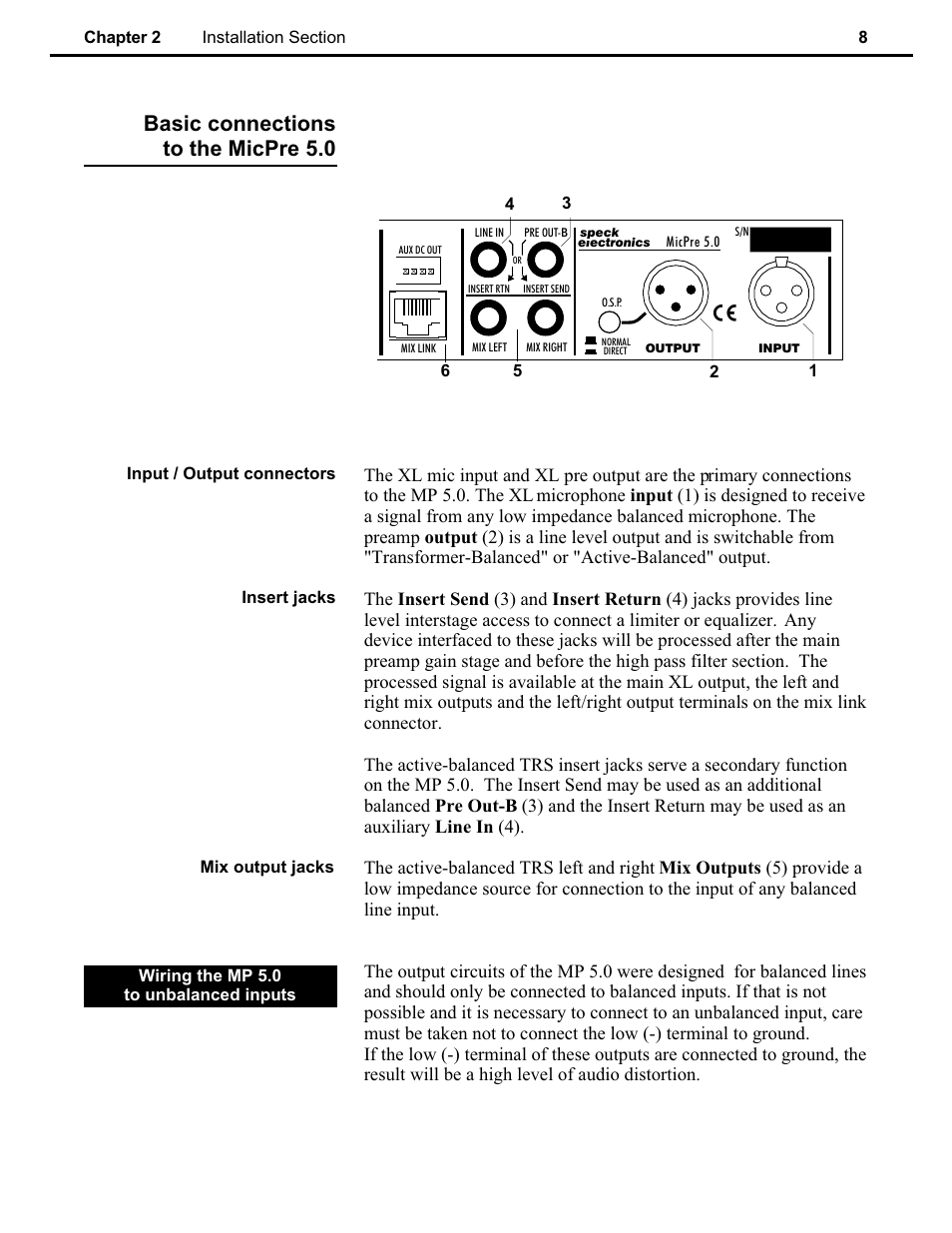 Ch 2, Basic connections to the micpre 5.0 | Speck Electronics MicPre 5.0 User Manual | Page 14 / 35