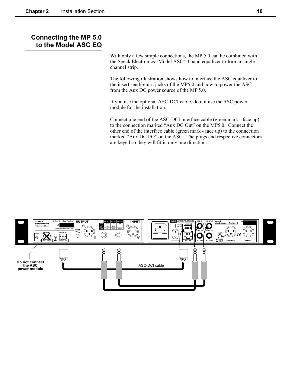 Ch 2, Connecting the mp 5.0 to the model asc eq, Do not connect the asc power module asc-dci cable | Speck Electronics MicPre 5.0 User Manual | Page 16 / 35