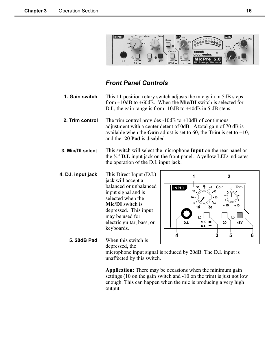 Ch 3, Front panel controls | Speck Electronics MicPre 5.0 User Manual | Page 22 / 35