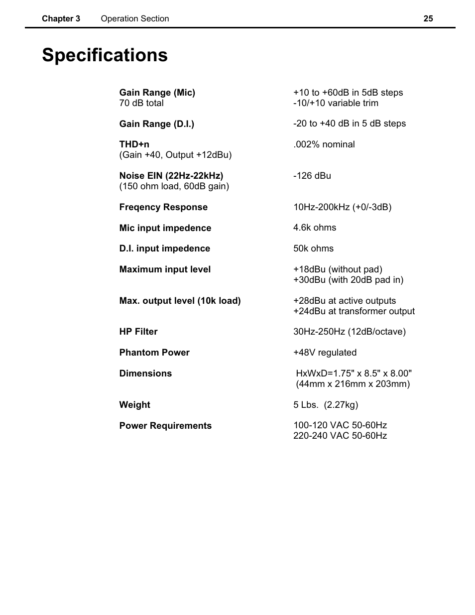 Specs, Specifications | Speck Electronics MicPre 5.0 User Manual | Page 31 / 35