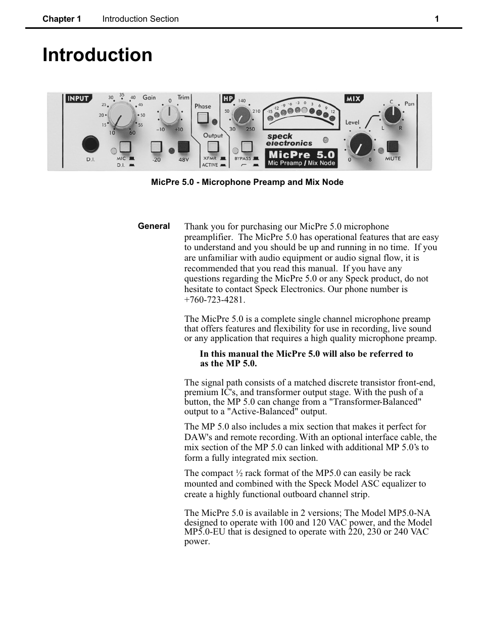 Ch 1, Introduction | Speck Electronics MicPre 5.0 User Manual | Page 7 / 35