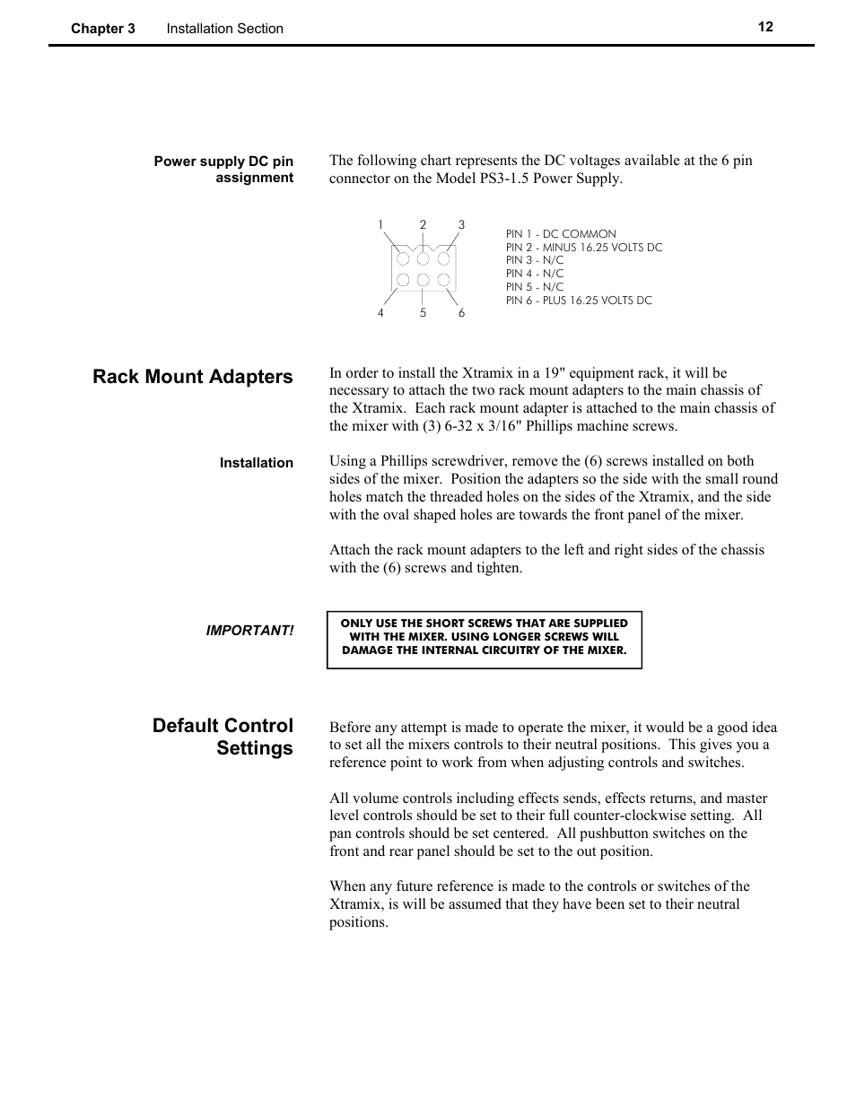 Rack mount adapters, Default control settings | Speck Electronics Xtramix User Manual | Page 17 / 56