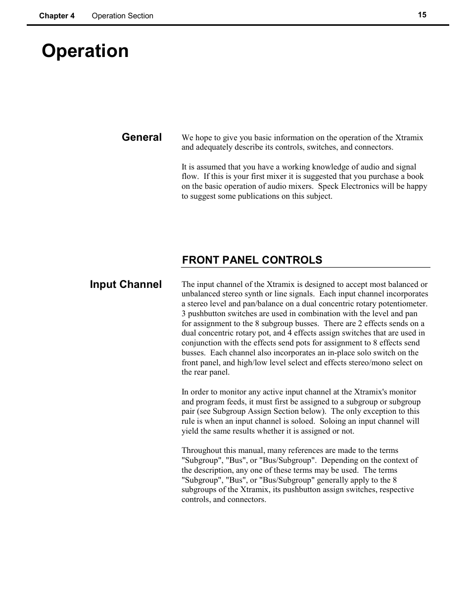 Operation | Speck Electronics Xtramix User Manual | Page 20 / 56