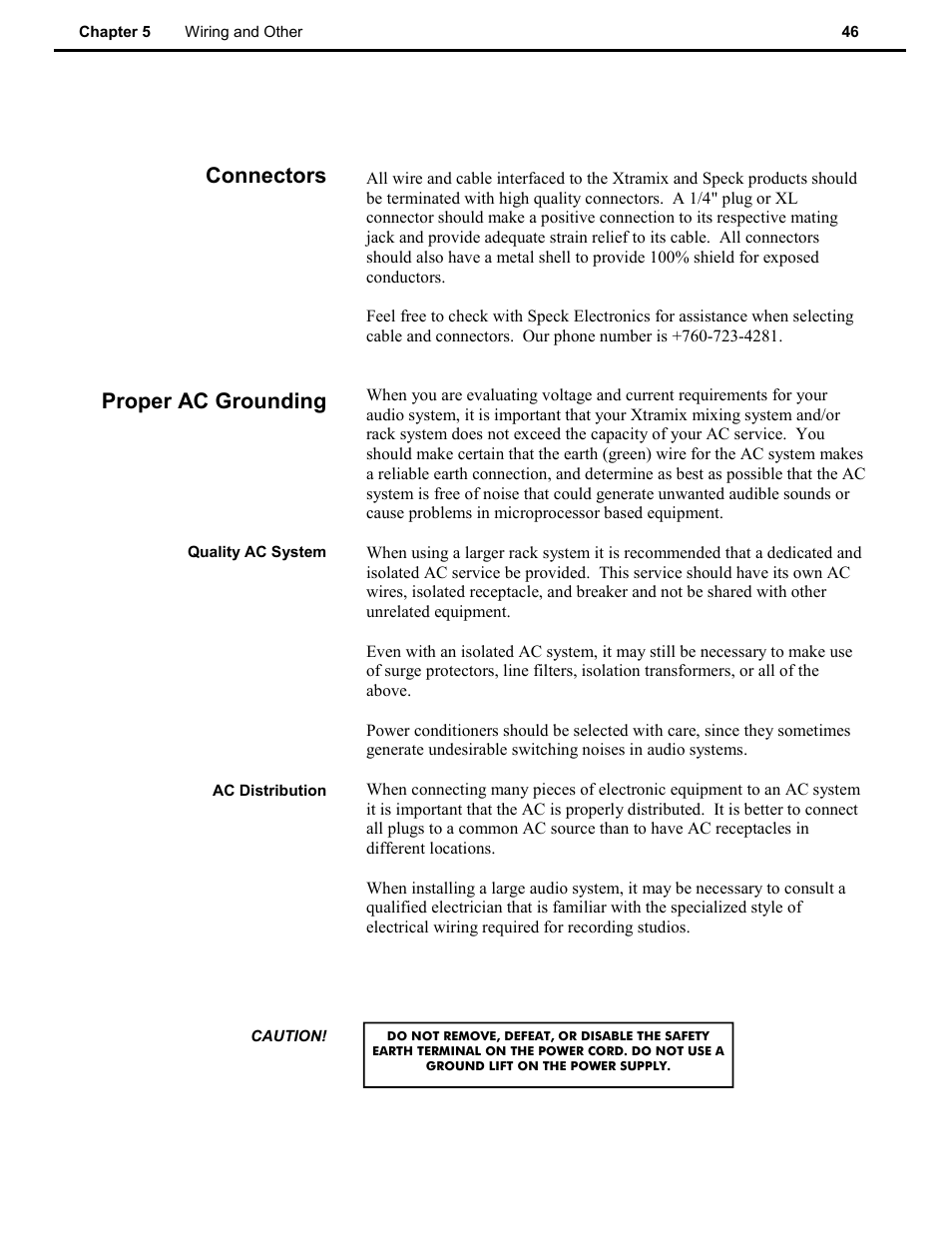 Connectors, Proper ac grounding | Speck Electronics Xtramix User Manual | Page 51 / 56