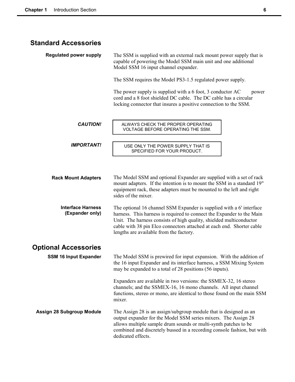 Standard accessories, Optional accessories | Speck Electronics SSM User Manual | Page 11 / 61