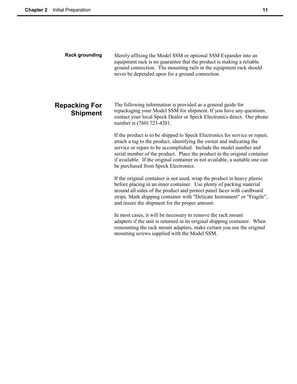 Repacking for shipment | Speck Electronics SSM User Manual | Page 16 / 61