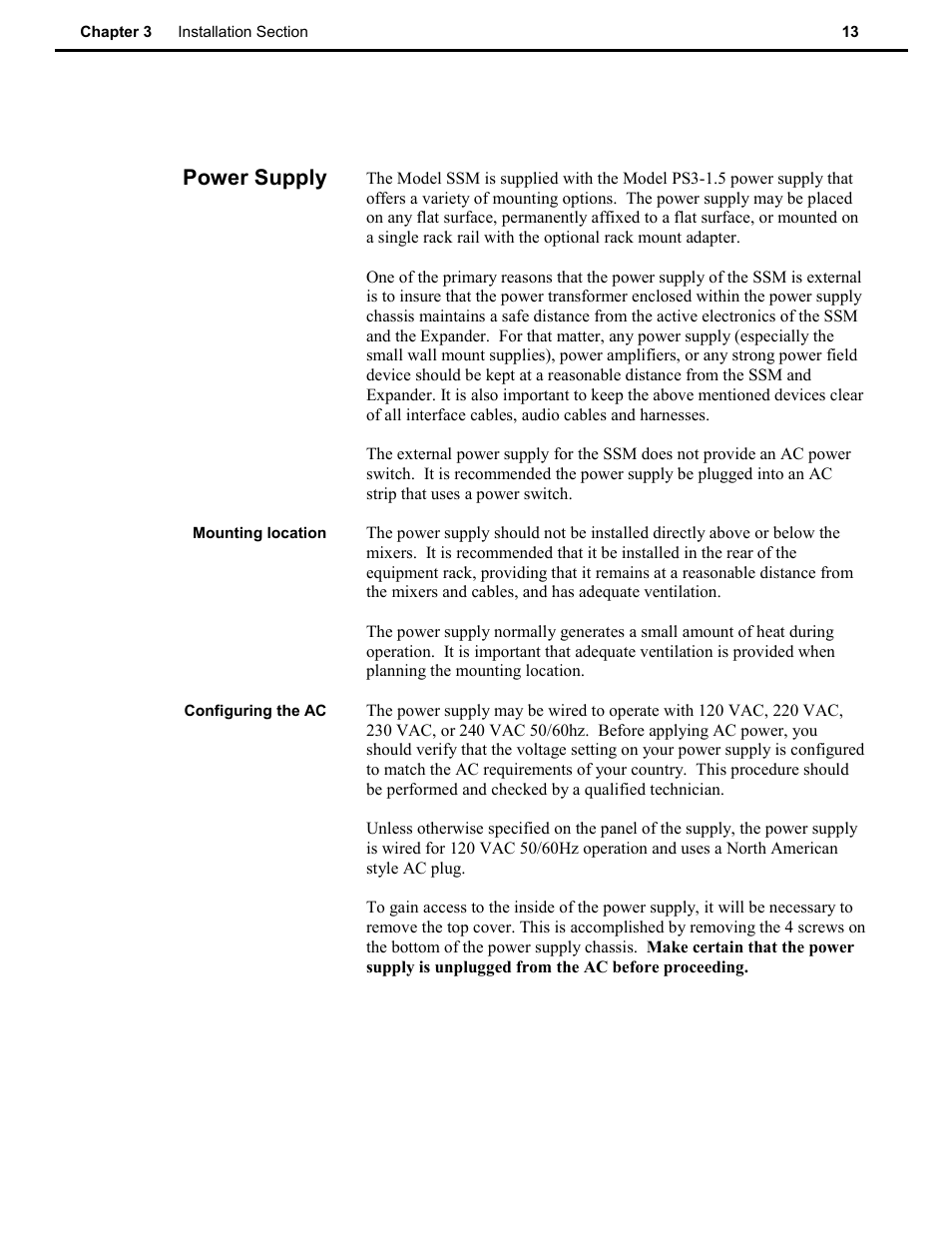 Power supply | Speck Electronics SSM User Manual | Page 18 / 61