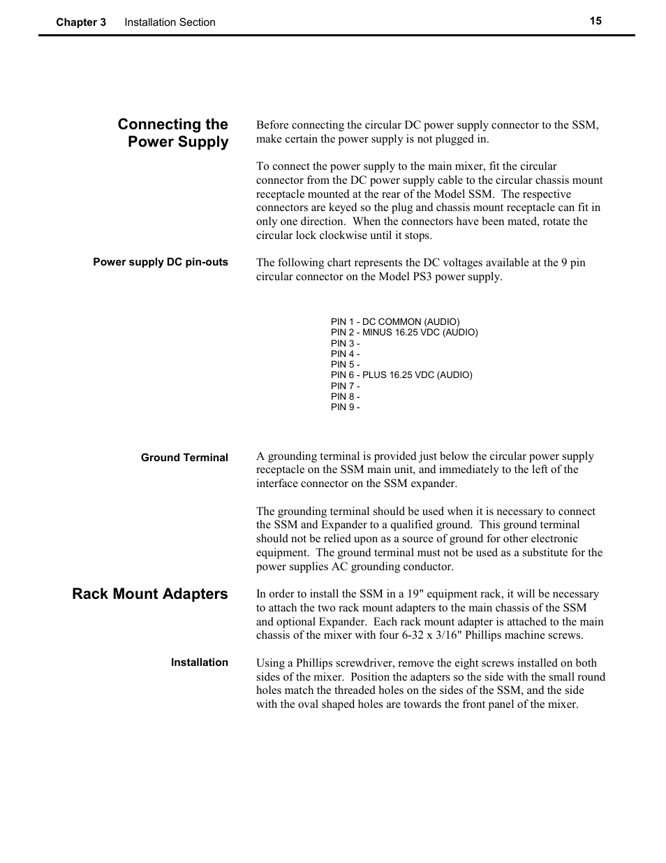 Connecting the power supply, Rack mount adapters | Speck Electronics SSM User Manual | Page 20 / 61