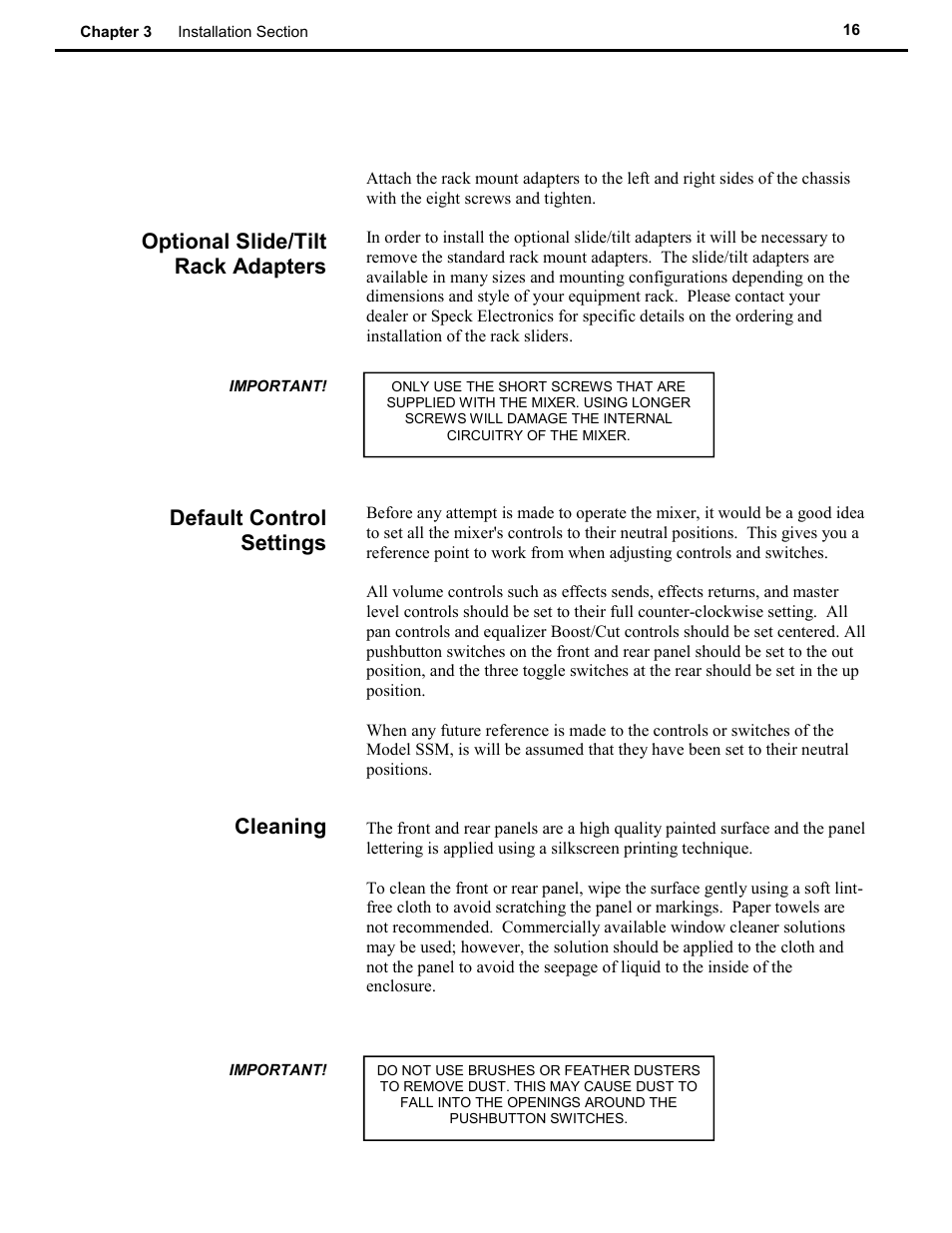 Default control settings, Cleaning, Optional slide/tilt rack adapters | Speck Electronics SSM User Manual | Page 21 / 61