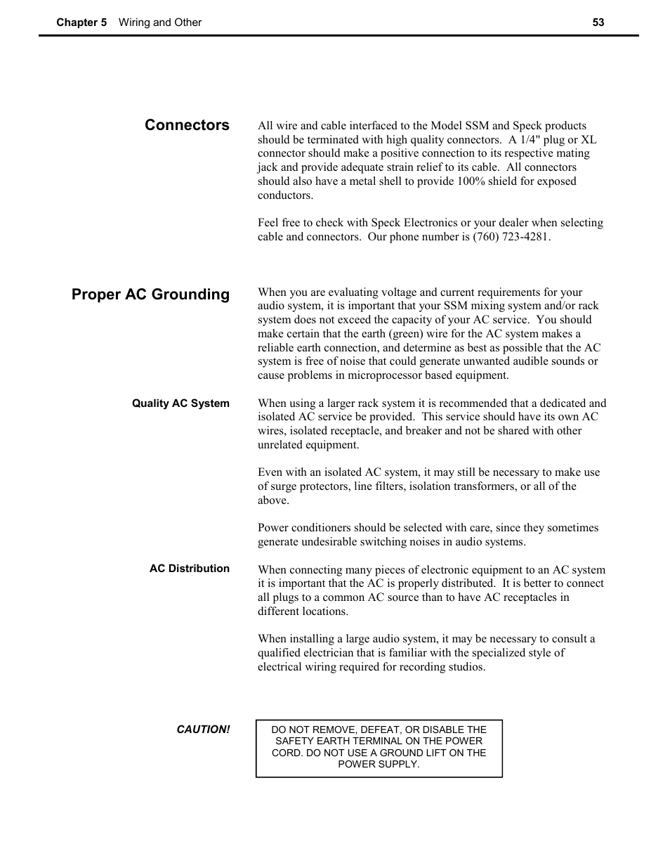 Connectors, Proper ac grounding | Speck Electronics SSM User Manual | Page 58 / 61