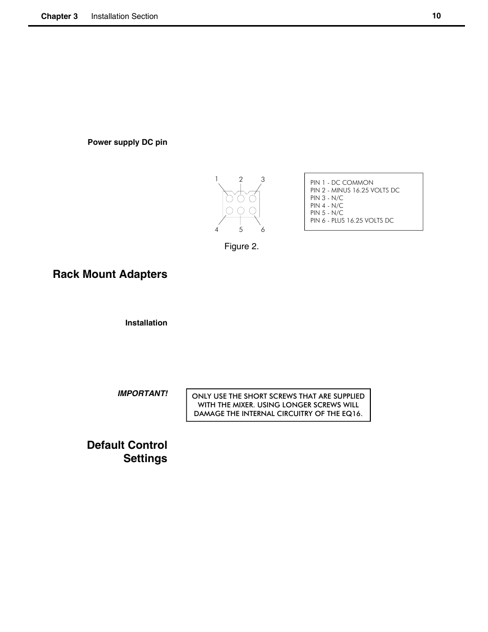 Rack mount adapters, Default control settings | Speck Electronics EQ16 User Manual | Page 14 / 33