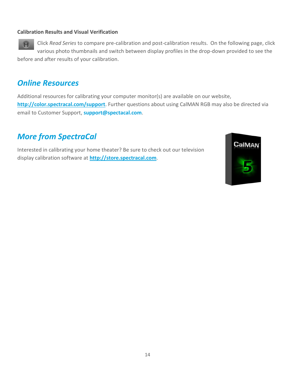 Online resources, More from spectracal | SpectraCal CalMAN RGB User Manual | Page 14 / 14