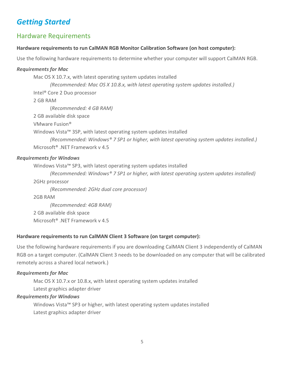 Getting started, Hardware requirements | SpectraCal CalMAN RGB User Manual | Page 5 / 14