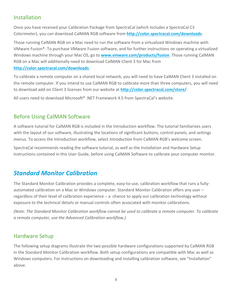 Standard monitor calibration, Hardware setup, Installation | Before using calman software | SpectraCal CalMAN RGB User Manual | Page 6 / 14