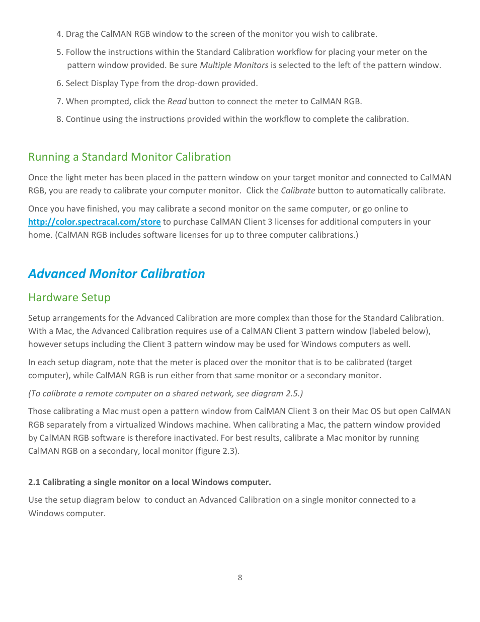 Running a standard monitor calibration, Advanced monitor calibration, Hardware setup | SpectraCal CalMAN RGB User Manual | Page 8 / 14