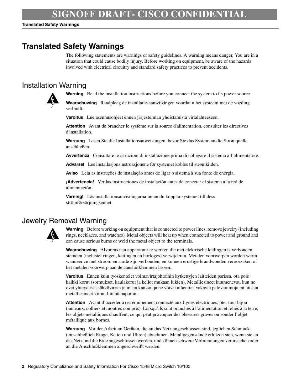Signoff draft- cisco confidential, Translated safety warnings, Installation warning | Jewelry removal warning | Cisco 1548 User Manual | Page 2 / 8