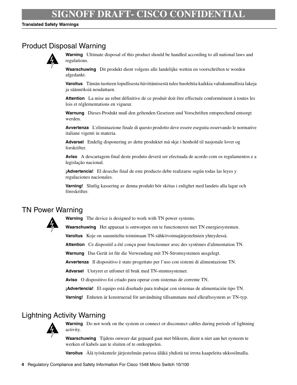 Signoff draft- cisco confidential, Product disposal warning, Tn power warning | Lightning activity warning | Cisco 1548 User Manual | Page 4 / 8