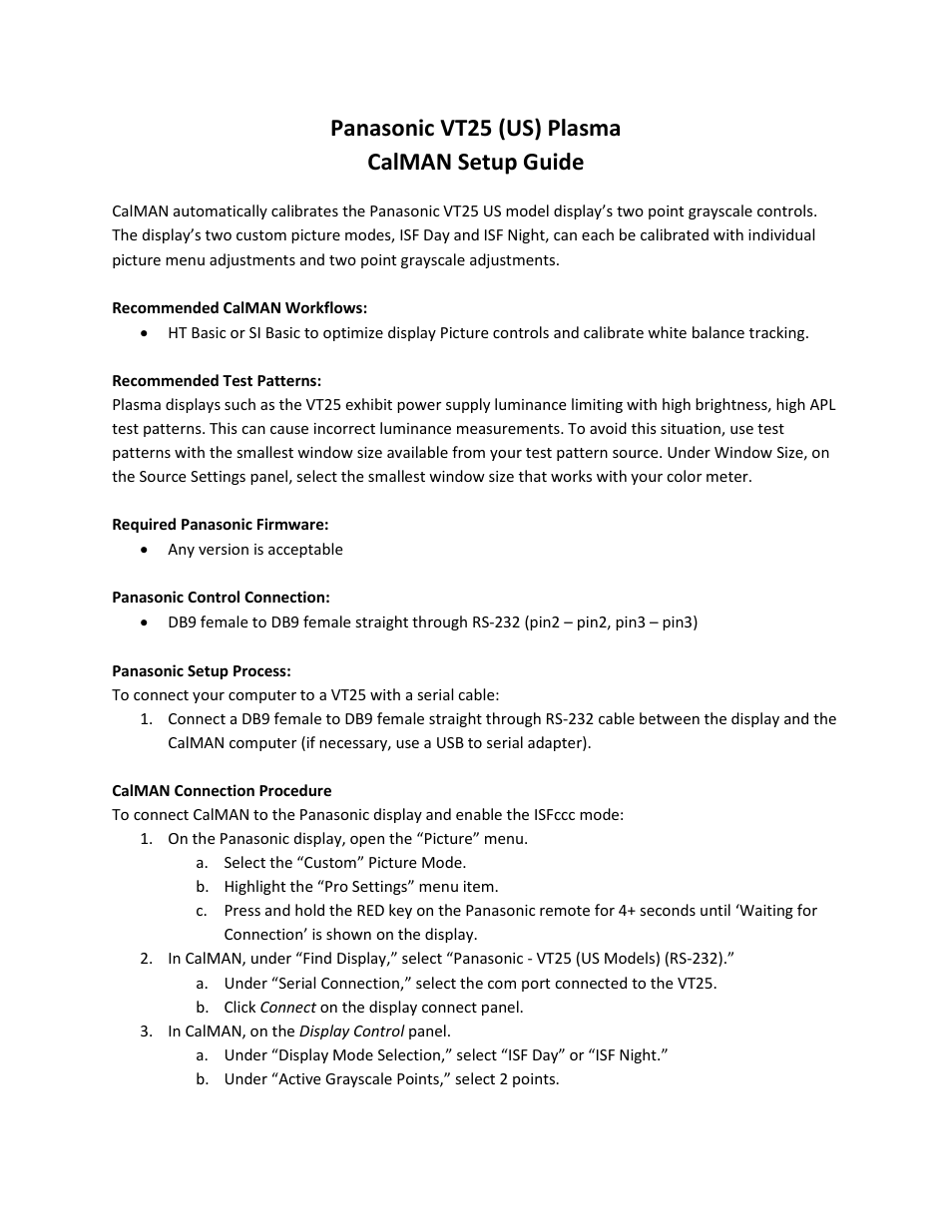 SpectraCal Panasonic VT25 User Manual | 2 pages