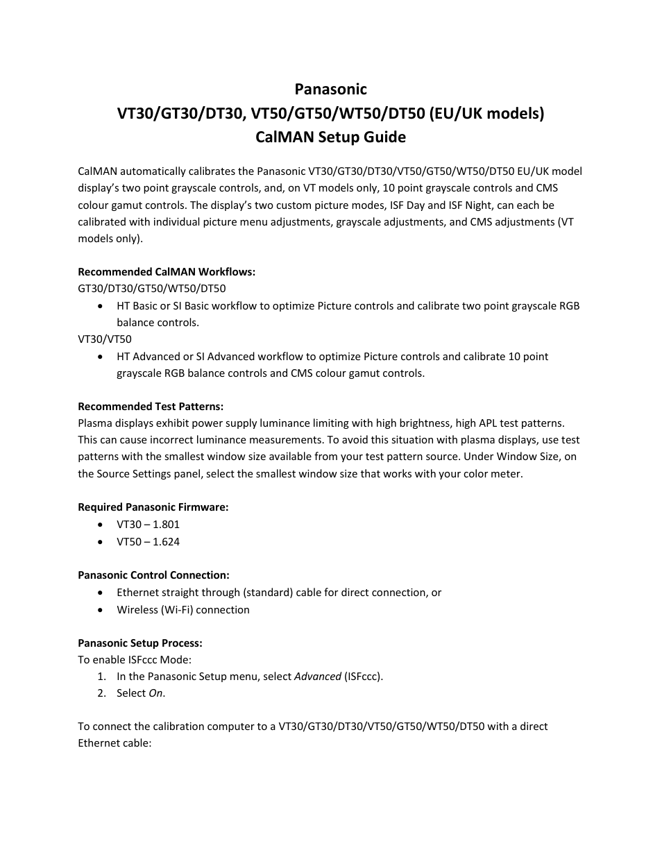 SpectraCal Panasonic DT50 User Manual | 3 pages