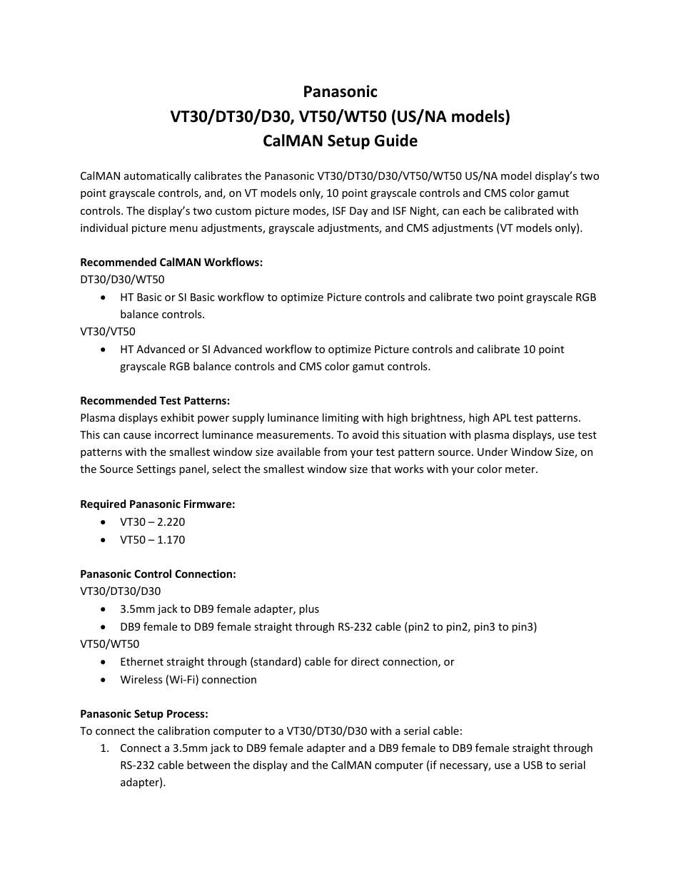 SpectraCal Panasonic 2011-2012 WT50 User Manual | 3 pages