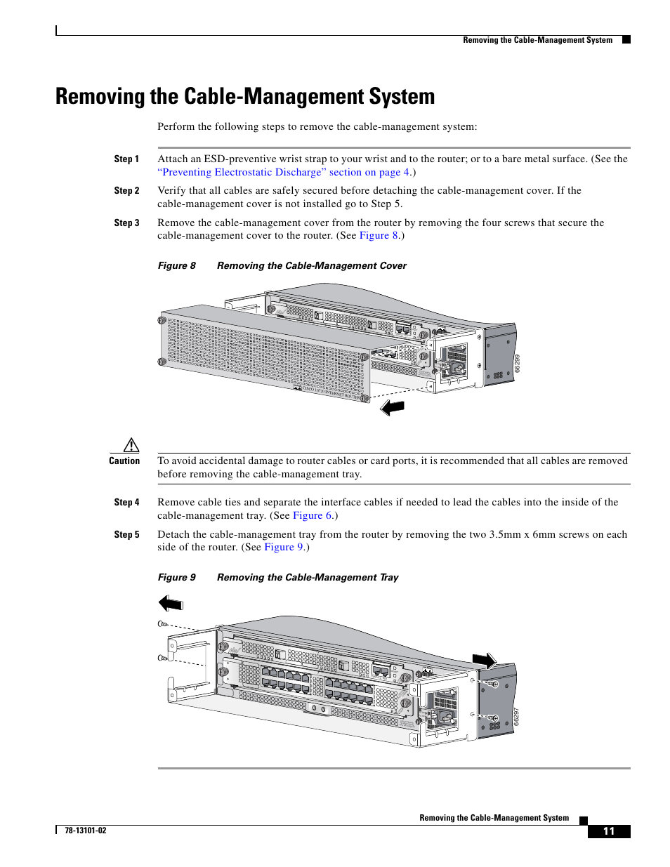 Removing the cable-management system, Step 1, Step 2 | Step 3, Step 4, Step 5, Figure 9 removing the cable-management tray, Card fail link/active (g) 100 mbps | Cisco 10720 User Manual | Page 11 / 26