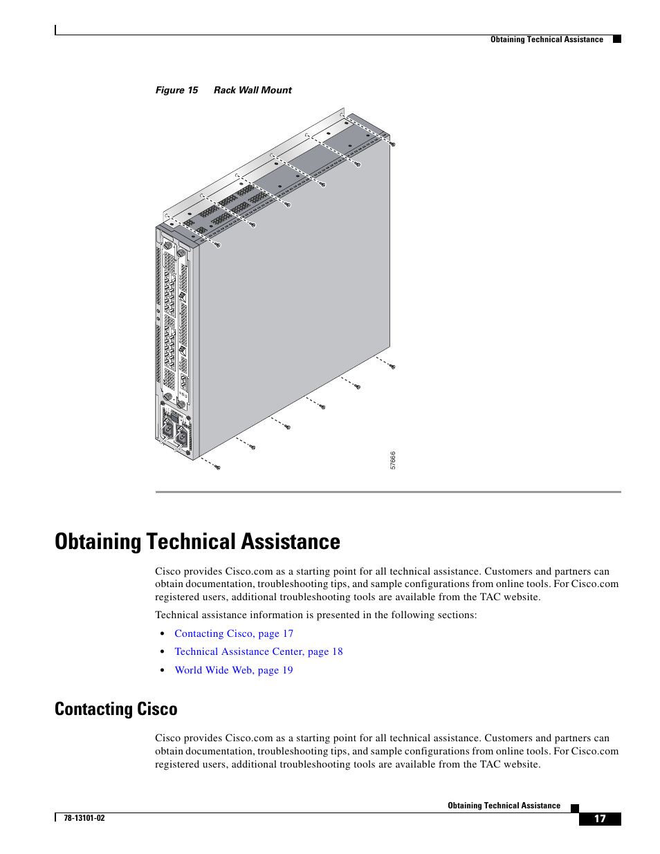 Obtaining technical assistance, Contacting cisco, Ll. (see | Figure 15, Contacting cisco, page 17, Technical assistance center, page 18, World wide web, page 19, Figure 15 rack wall mount | Cisco 10720 User Manual | Page 17 / 26