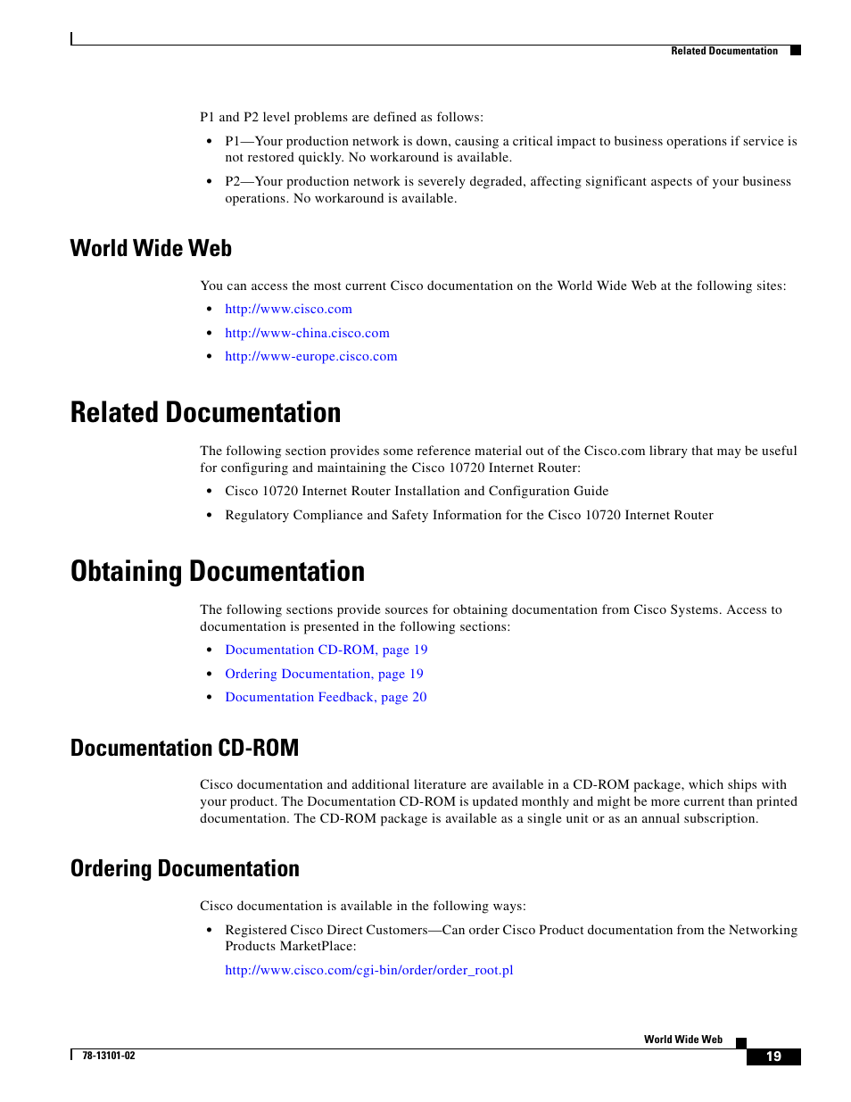 World wide web, Related documentation, Obtaining documentation | Documentation cd-rom, Ordering documentation | Cisco 10720 User Manual | Page 19 / 26