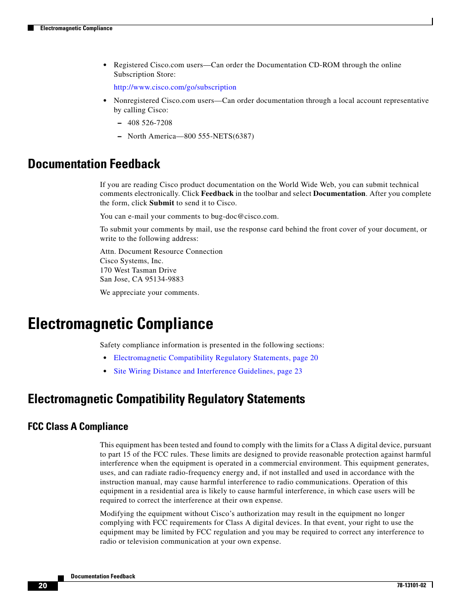 Documentation feedback, Electromagnetic compliance, Fcc class a compliance | Cisco 10720 User Manual | Page 20 / 26