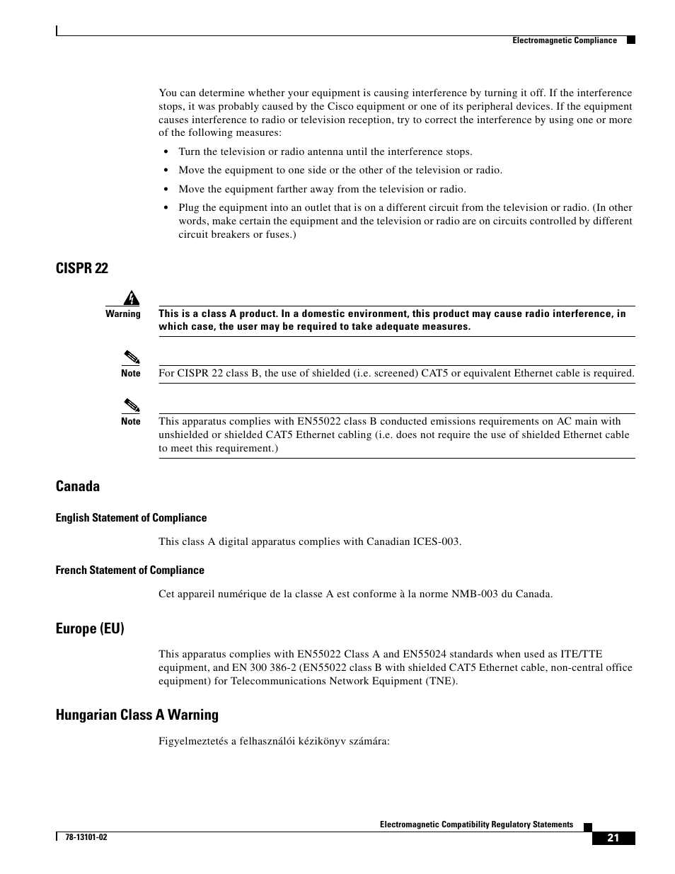 Cispr 22, Canada, Europe (eu) | Hungarian class a warning | Cisco 10720 User Manual | Page 21 / 26