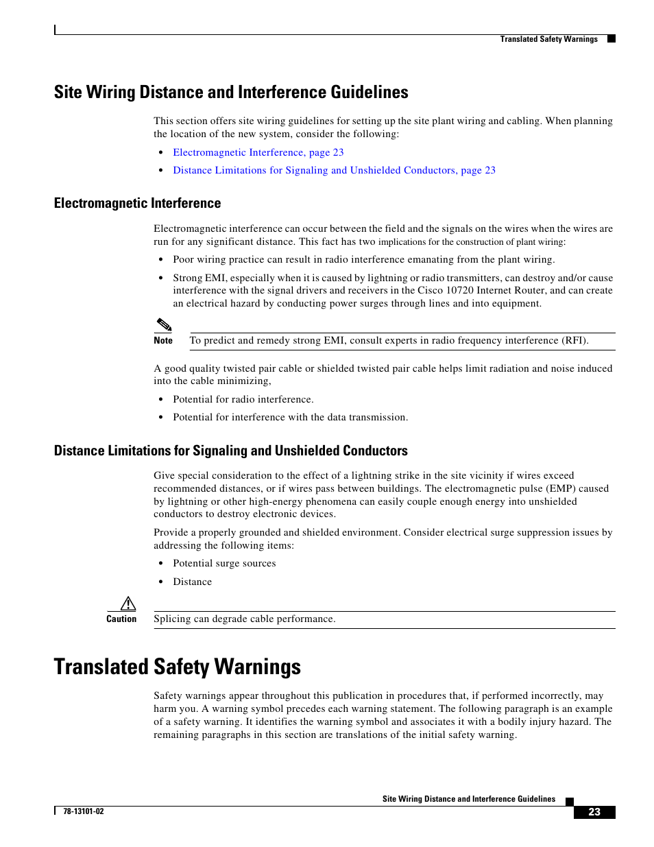 Site wiring distance and interference guidelines, Electromagnetic interference, Translated safety warnings | Translated safety warnings” section on | Cisco 10720 User Manual | Page 23 / 26