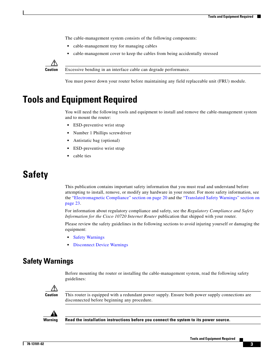 Tools and equipment required, Safety, Safety warnings | Cisco 10720 User Manual | Page 3 / 26