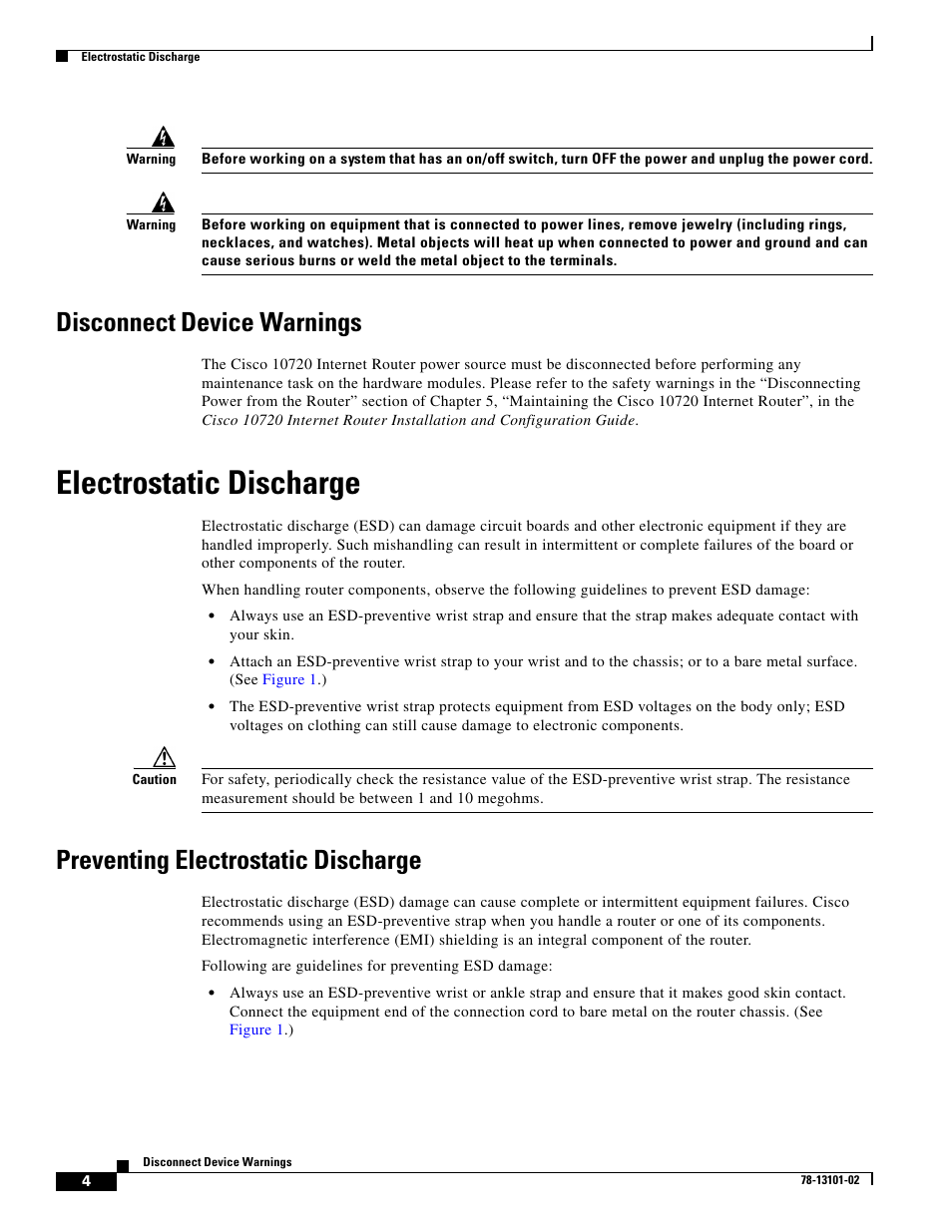 Disconnect device warnings, Electrostatic discharge, Preventing electrostatic discharge | Cisco 10720 User Manual | Page 4 / 26