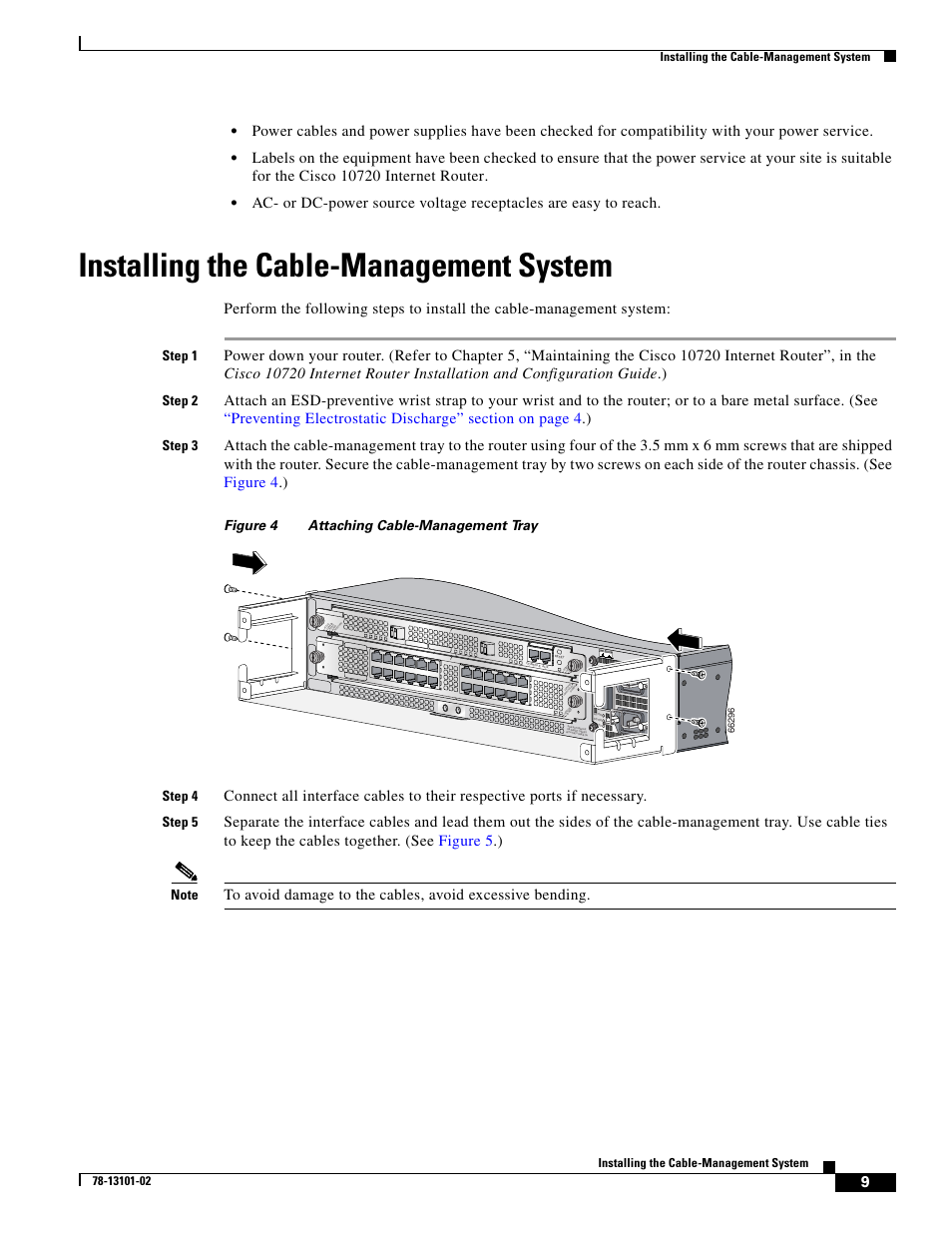 Installing the cable-management system, Step 1, Step 2 | Step 3, Figure 4 attaching cable-management tray step 4, Step 5 | Cisco 10720 User Manual | Page 9 / 26