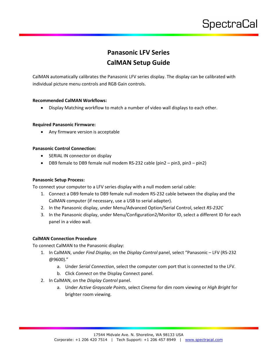 SpectraCal Panasonic LFV Series User Manual | 2 pages