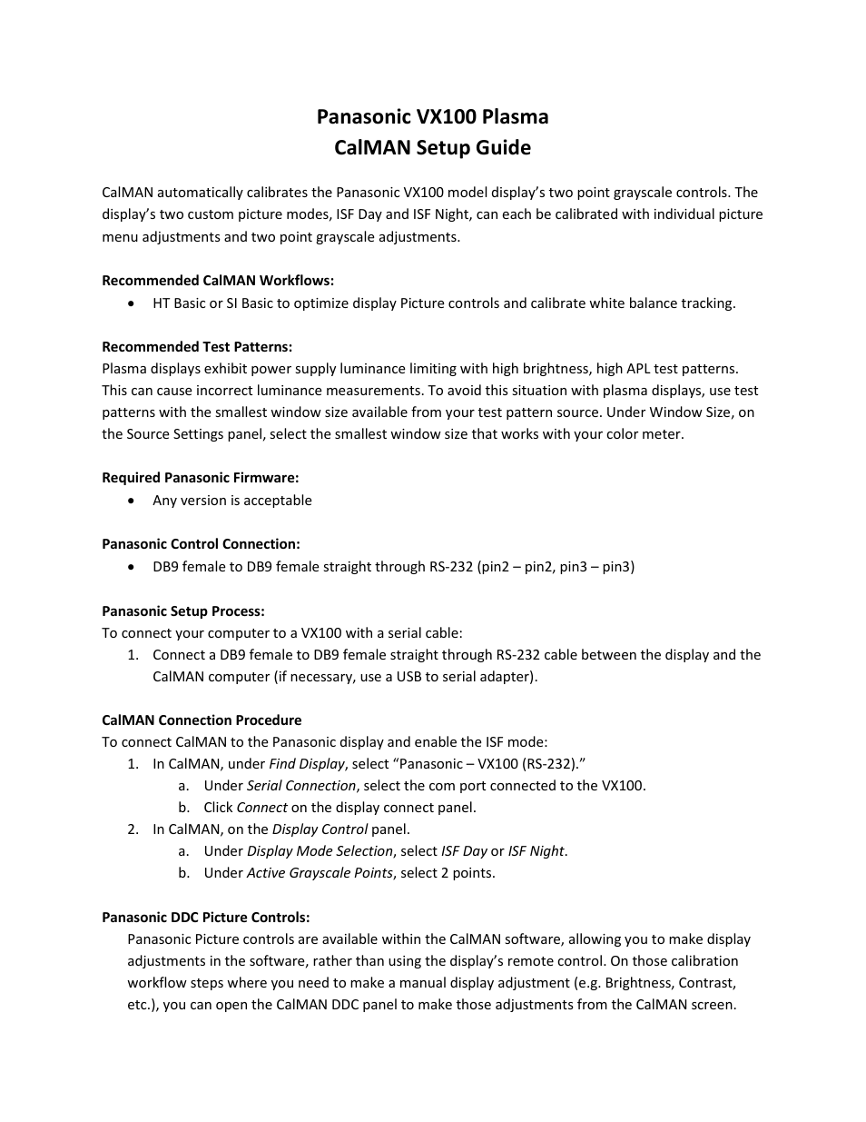 SpectraCal Panasonic VX100 User Manual | 2 pages