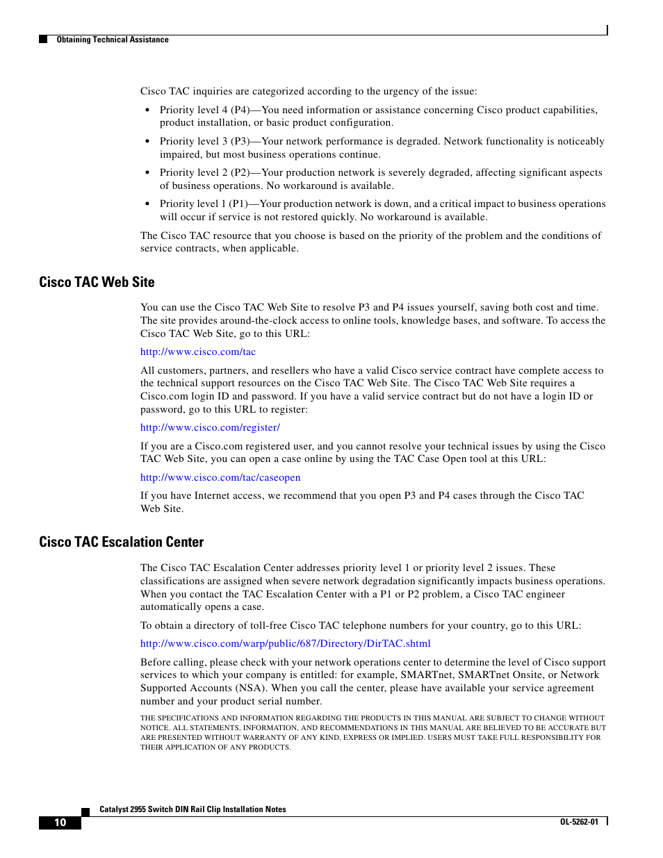 Cisco tac web site, Cisco tac escalation center | Cisco 2955 User Manual | Page 10 / 12