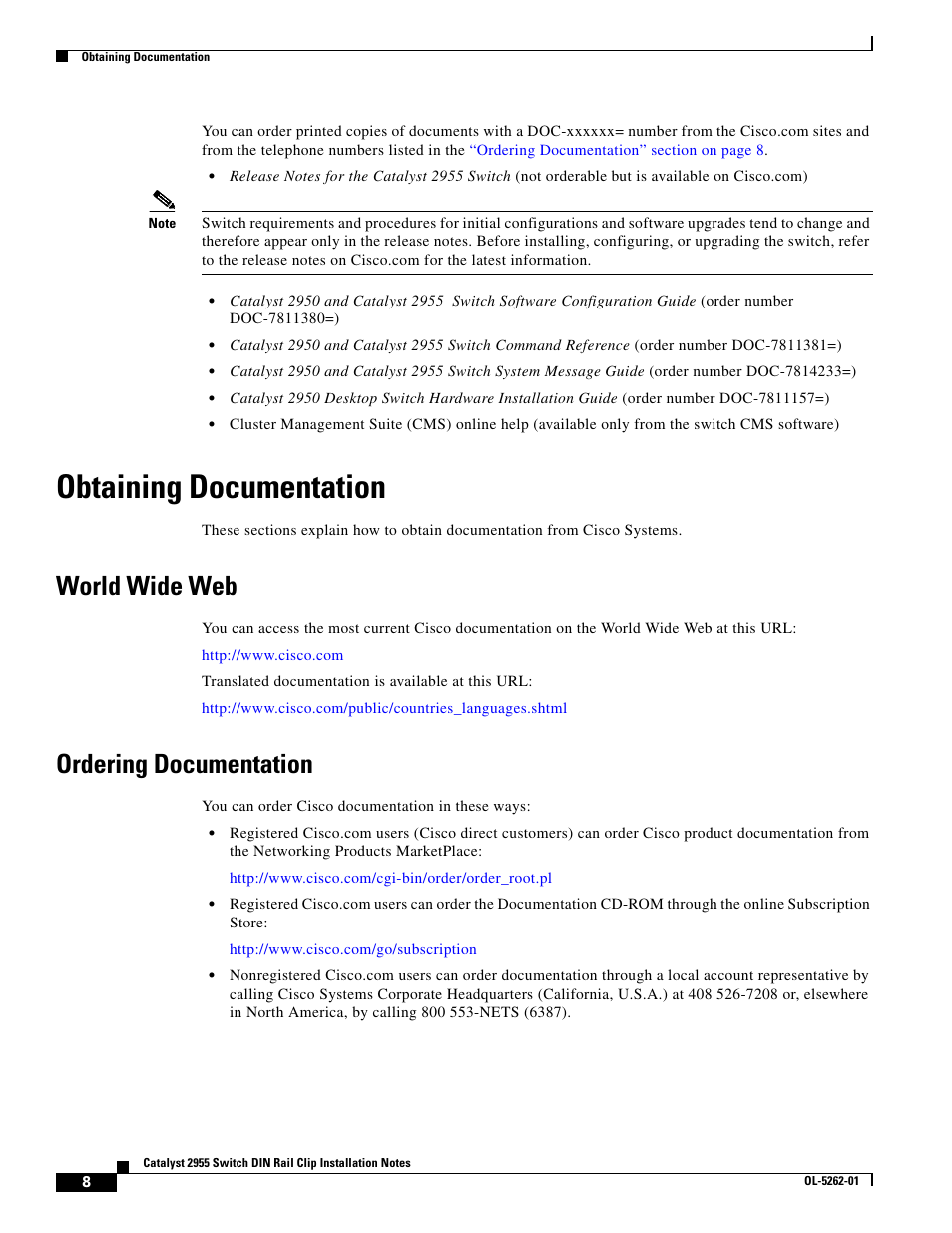 Obtaining documentation, World wide web, Ordering documentation | Cisco 2955 User Manual | Page 8 / 12