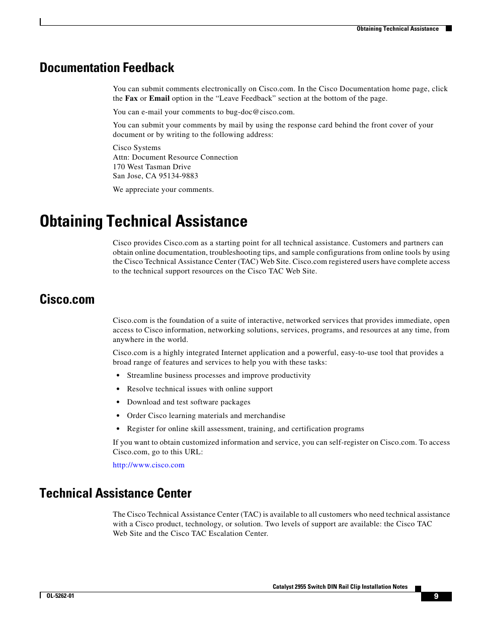 Documentation feedback, Obtaining technical assistance, Cisco.com | Technical assistance center | Cisco 2955 User Manual | Page 9 / 12