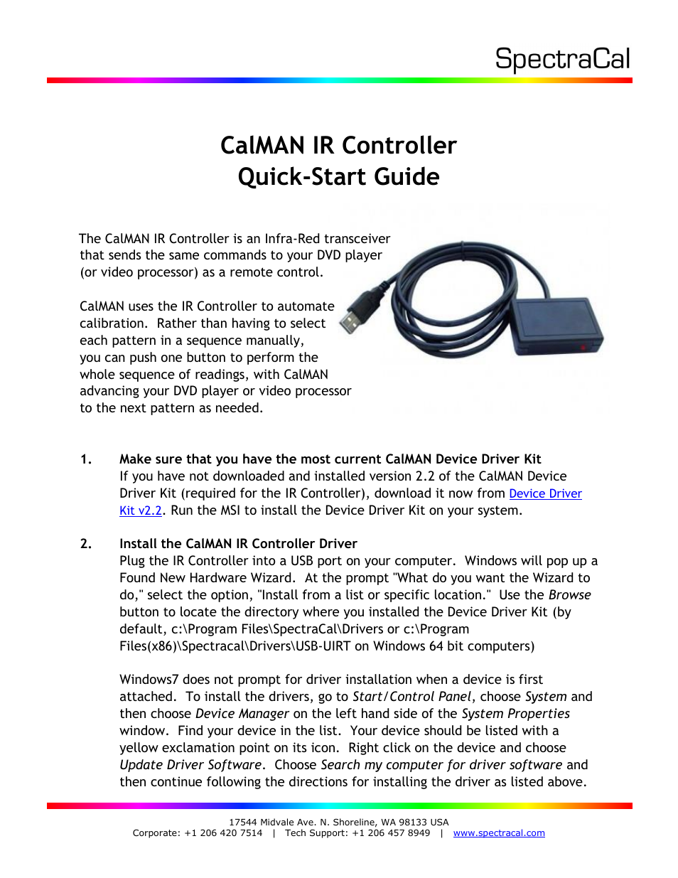 SpectraCal CalMAN IR Controller User Manual | 2 pages