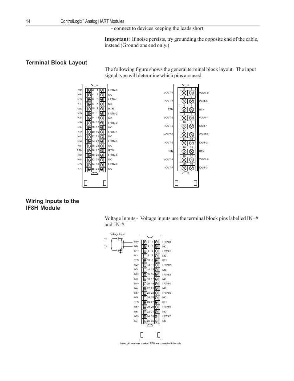 Terminal block layout, Wiring inputs to the if8h module, 14 controllogix | Analog hart modules | Spectrum Controls 1756sc-OF8H Series A User Manual | Page 28 / 170