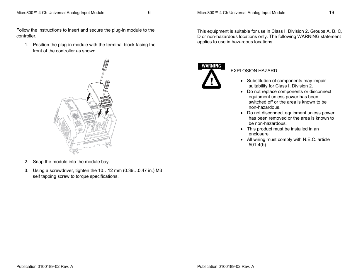 Insert module into controller, Hazardous location considerations | Spectrum Controls 2080sc-IF4u User Manual | Page 6 / 12