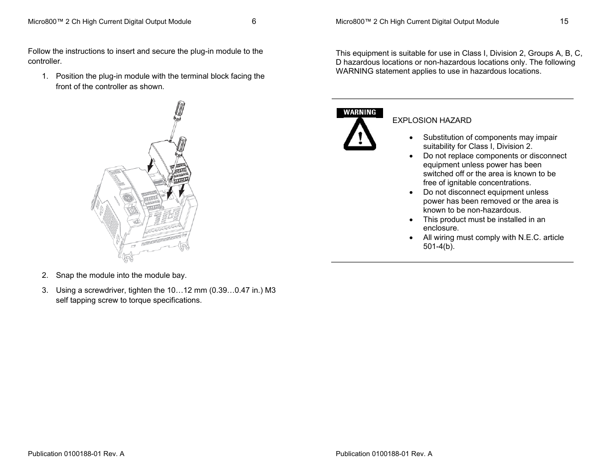 Insert module into controller, Hazardous location considerations | Spectrum Controls 2080sc-OW2IHC User Manual | Page 6 / 10