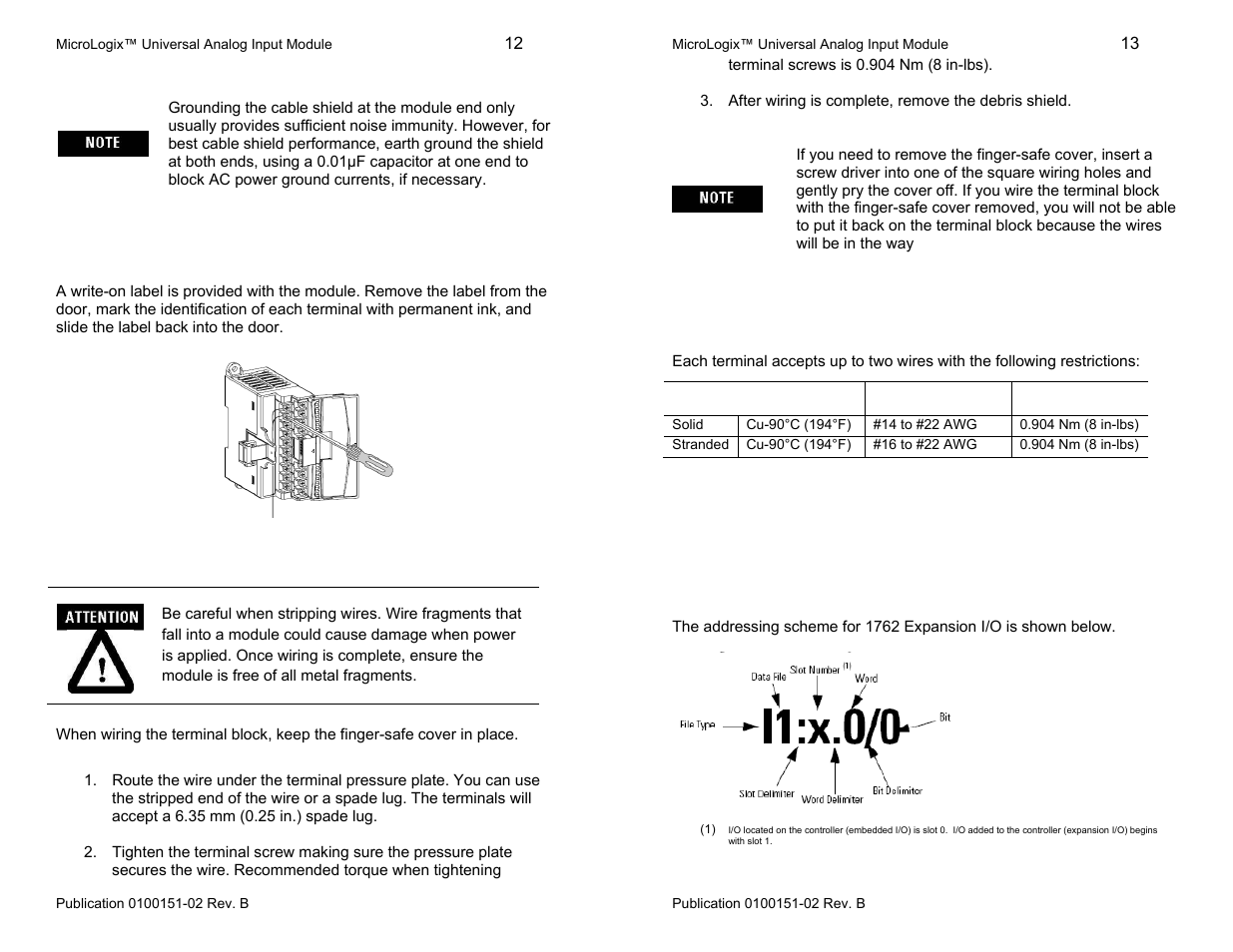 Labeling the terminals, Wiring the finger-safe terminal block, Wire size and terminal screw torque | Addressing | Spectrum Controls 1762sc-IF8U User Manual | Page 12 / 12