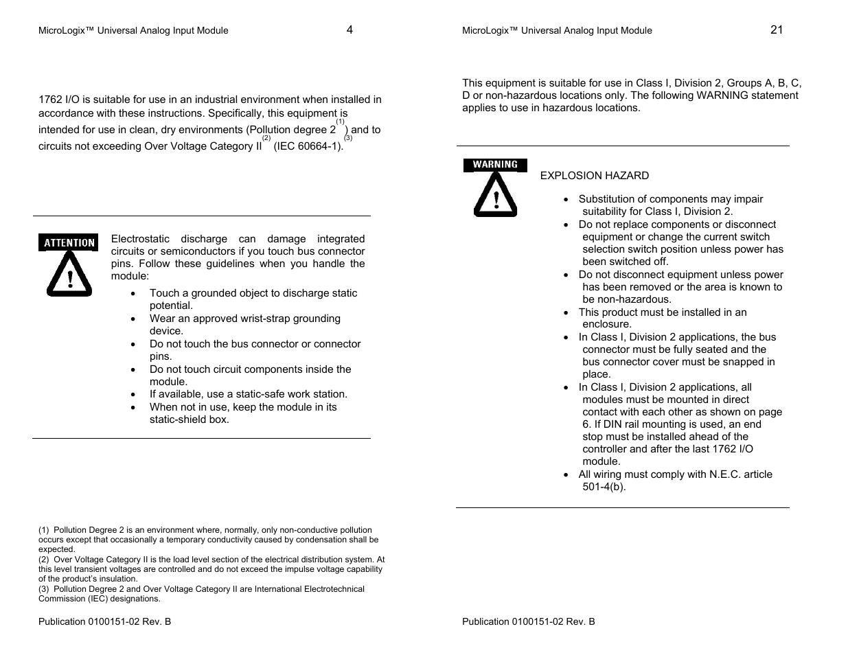 Installation, Hazardous location considerations, Prevent electrostatic discharge | Spectrum Controls 1762sc-IF8U User Manual | Page 4 / 12