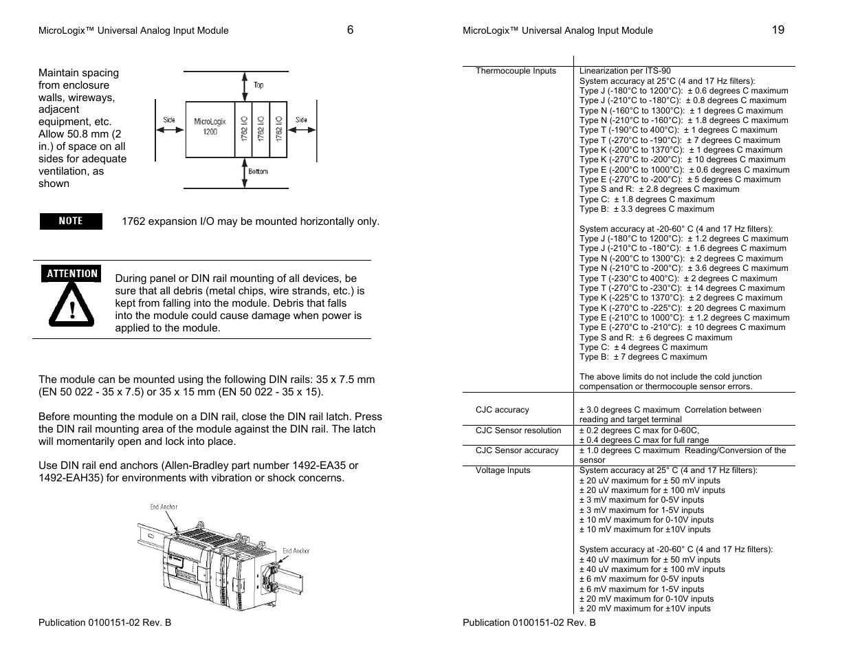 Minimum spacing, Din rail mounting, Accuracy specifications | Spectrum Controls 1762sc-IF8U User Manual | Page 6 / 12