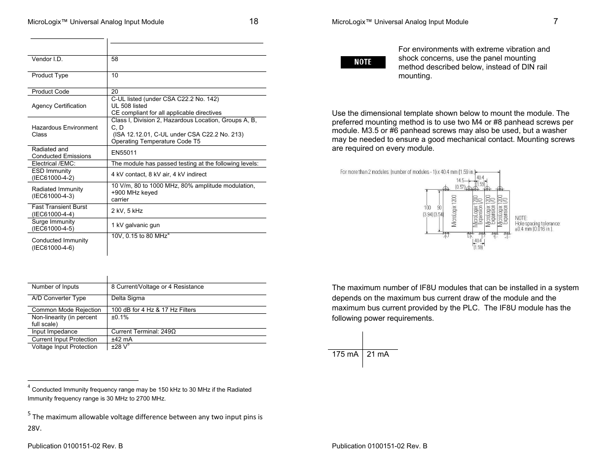 Power requirements, Input specifications, Panel mounting | Spectrum Controls 1762sc-IF8U User Manual | Page 7 / 12