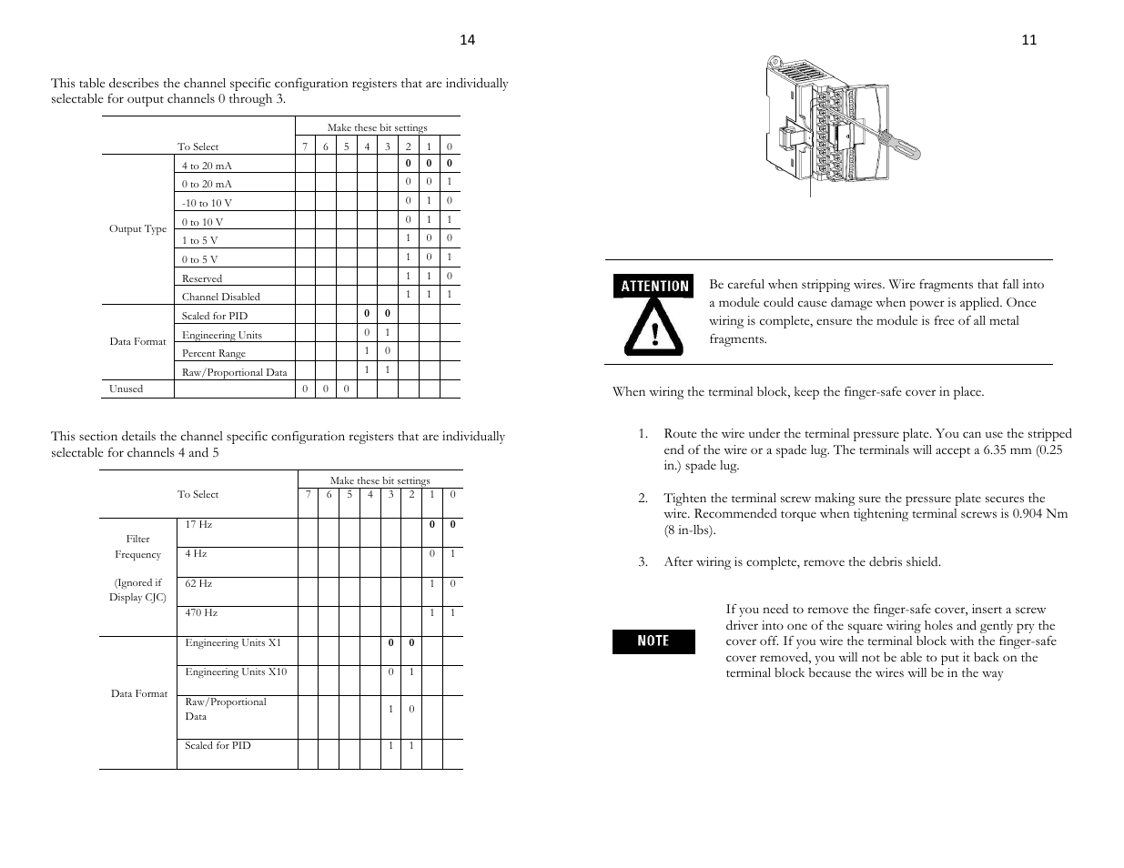 Wiring the finger-safe terminal block | Spectrum Controls 1762sc-IF4OF4 User Manual | Page 11 / 12